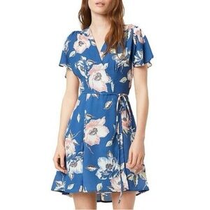 French Connection Cari Blue Crepe Floral Faux Wrap Mini Dress Size 10